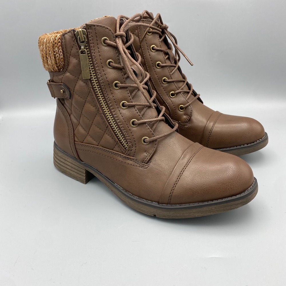 NEW STQ Womens Combat Boots Sz 8.5 Brown Quilted Knit‎ Cuff Zipper Lace Up Vegan